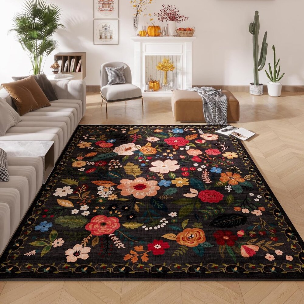 New 5x7 Black Area Rug, Washable Vintage Floral Non-Slip Carpet for Any Room